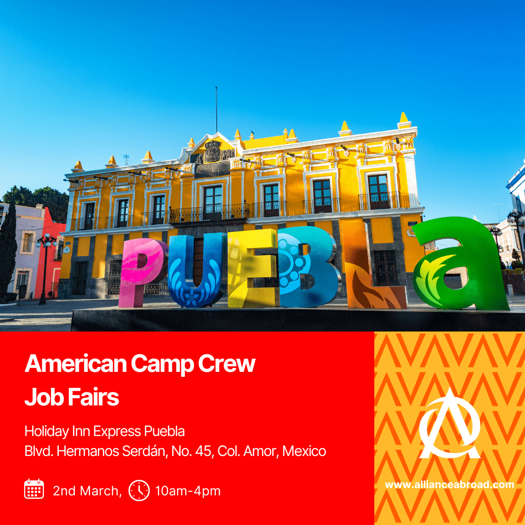 American Camp Crew Job Fair zbliża się do Puebla w Meksyku i zapraszamy do wzięcia udziału w tej niesamowitej podróży. Odkryj dreszczyk emocji związany z pracą na obozach w całych Stanach Zjednoczonych, tworząc niezapomniane wspomnienia i wywierając pozytywny wpływ na młode życie.