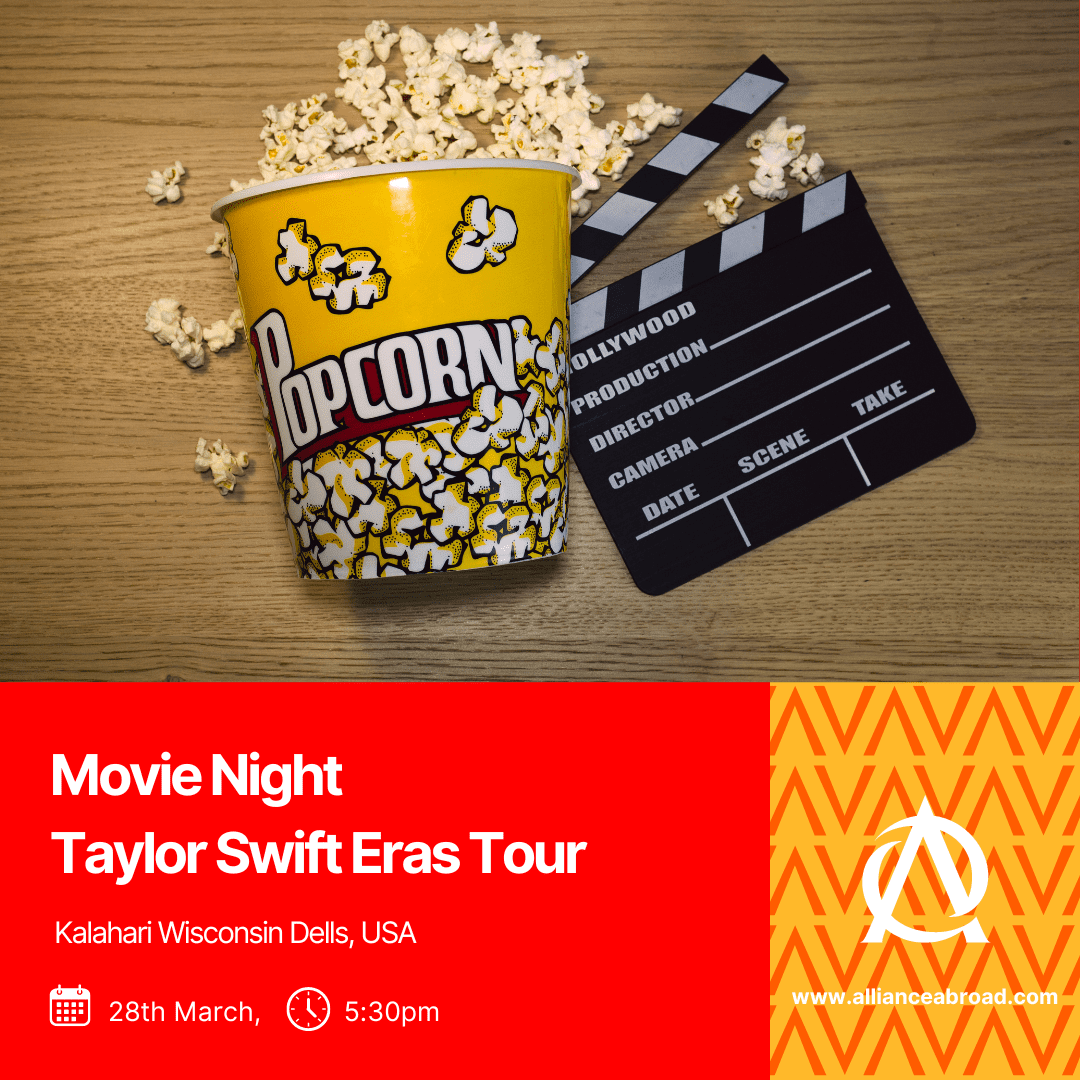 Join us for an unforgettable evening of music and camaraderie at the Taylor Swift Eras Tour Movie Night! 🌟 Taking place at Kalahari Wisconsin Dells on March 28th at 5:30pm, immerse yourself in the magic of Taylor Swift's iconic eras while bonding with fellow cultural exchange participants. 🎶 Not only will we enjoy the movie together, but we'll also craft friendship bracelets, weaving connections that transcend borders. Don't miss out on this opportunity to celebrate unity through music and friendship! See you there!