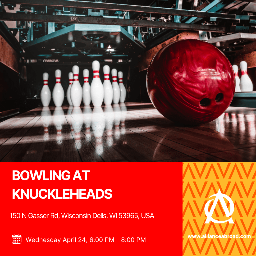 Experience the joy of cultural exchange over strikes, slices, and smiles at our FREE Bowling Night in Wisconsin Dells! Join us for a night of friendly competition, delicious pizza, and unforgettable fun. Don't miss out - see you on the lanes
