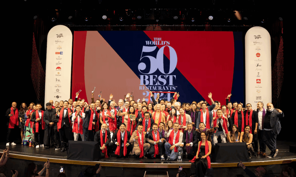 Chefs and restaurateurs celebrating at The World’s 50 Best Restaurants 2024 awards ceremony.