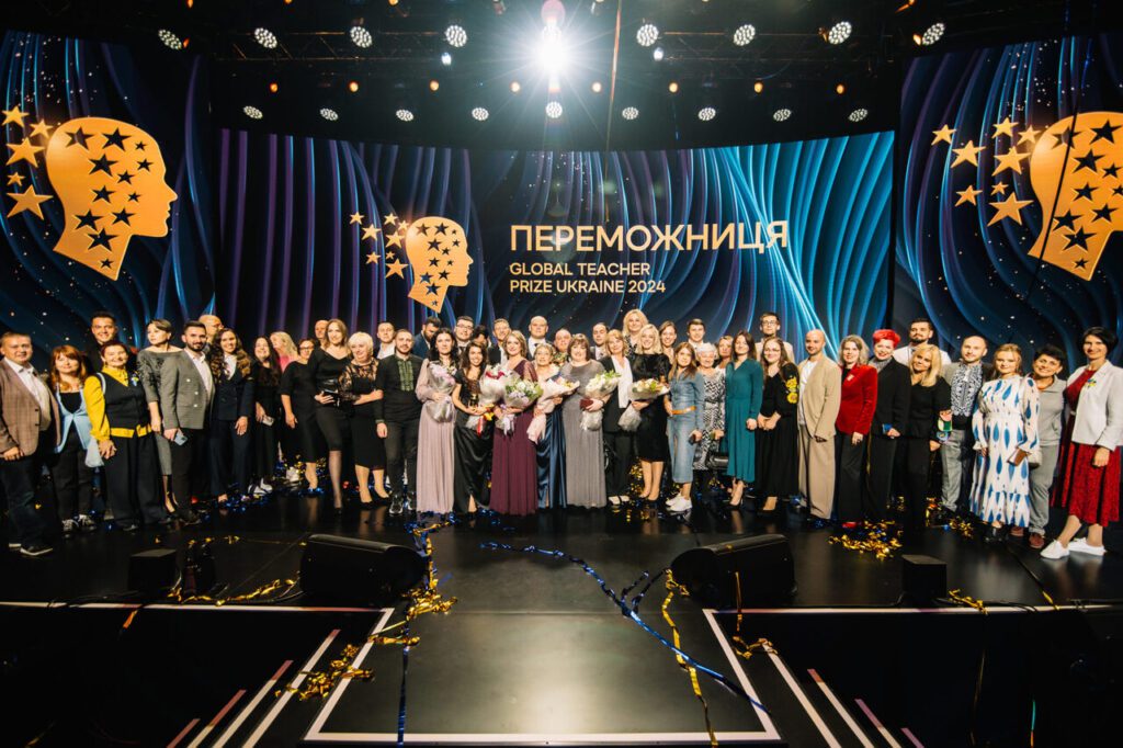 A group of famous educators and award-winning teachers celebrating the Global Teacher Prize Ukraine 2024, recognizing the greatest teachers in the world.